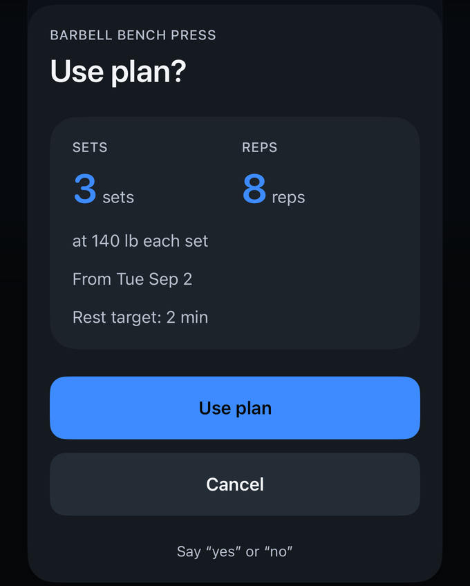 Spotter offering a plan for Barbell Bench Press: 3 sets of 8 reps at 140 lb with a 2-minute rest target, and a Use plan button.