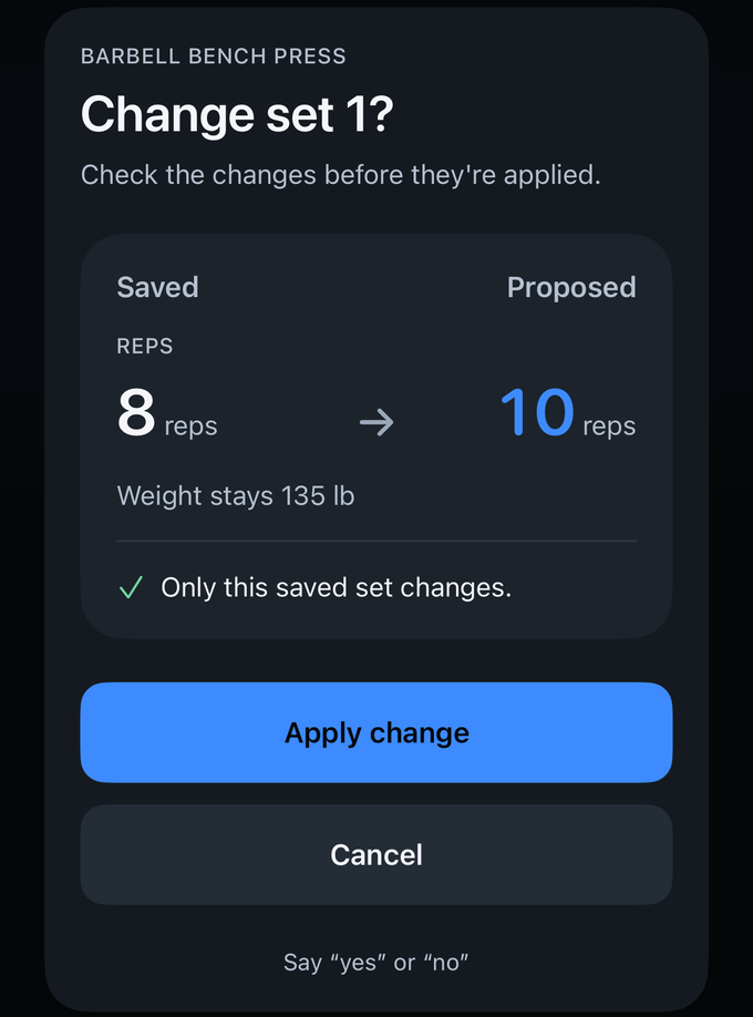 Spotter asking “Change set 1?” for Barbell Bench Press, showing the saved 8 reps beside a proposed 10 reps, with Apply change and Cancel buttons and the hint “Say yes or no”.