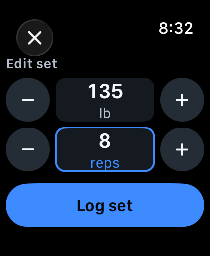 Editing a set on Apple Watch: 135 lb and 8 reps, each with its own minus and plus buttons, above a Log set button.