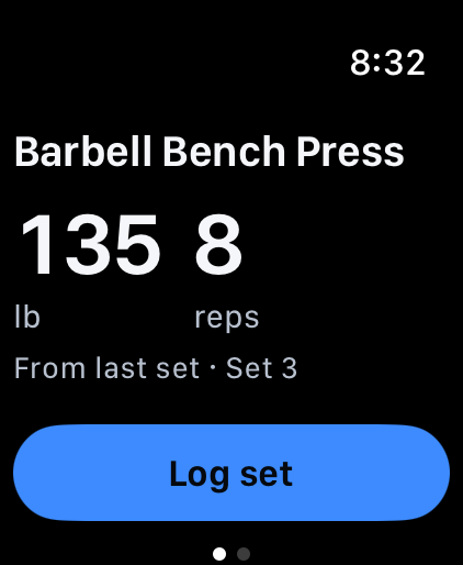 Spotter on Apple Watch: Barbell Bench Press, 135 lb and 8 reps, from last set, set 3, with a Log set button.