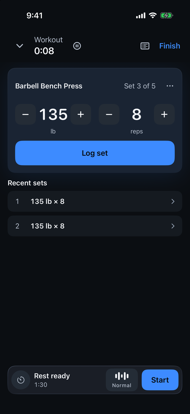 Spotter during a workout: Barbell Bench Press, set 3 of 5 at 135 lb × 8, with minus and plus buttons for weight and reps, a Log set button, the two sets already logged, and a rest bar with the voice button and a Start button.